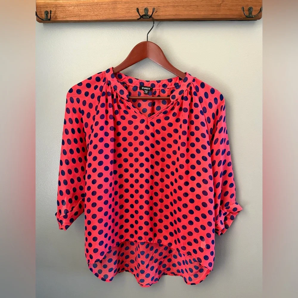 Zunie Junior's Gossamer Blouse LG 14, Pouf 3/4 Sleeve, Fuchsia w/Navy Polka Dots